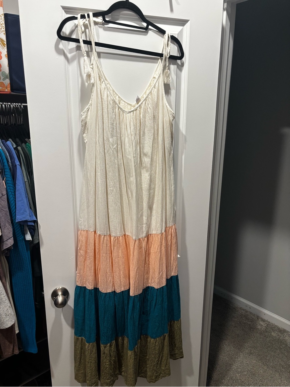 Old Navy Cream Peach Teal Olive Tiered Maxi Dress